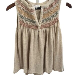 THML Cream Sleeveless Smocked Yoke Blouse with Multicolor Stitching